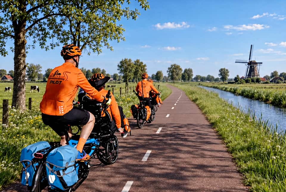 A line of Pino tandem teams in orange jerseys riding a canal-side cycleway towards a windmill.